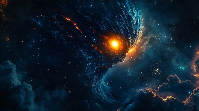 A majestic alien with luminescent eyes observing a cosmic event from a hidden sanctuary in space