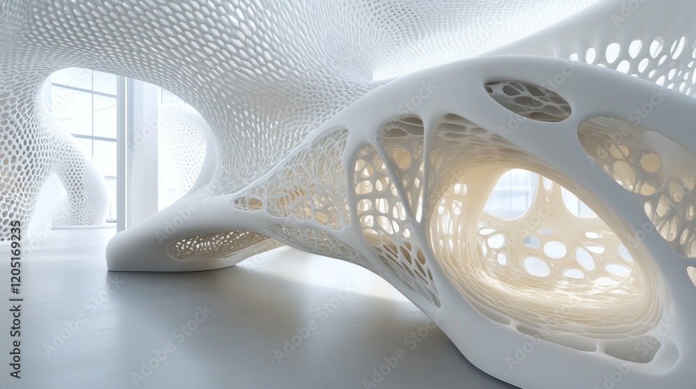Poster a futuristic, architectural structure with white walls and intricate patterns of holes that create a