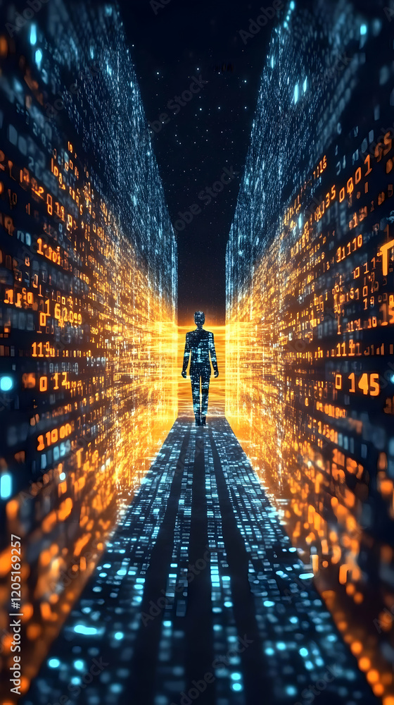 Poster silhouetted figure walks through digital corridor of binary code in futuristic scene