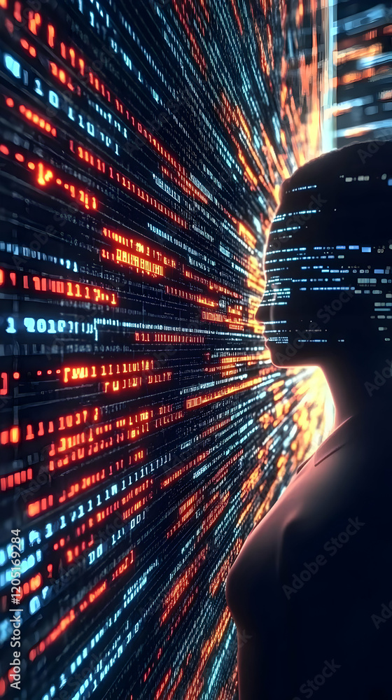 Poster silhouette interacts with binary code stream: digital art depicts human-technology fusion