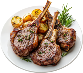 Delicious grilled lamb chops served with roasted potatoes and rosemary garnish.