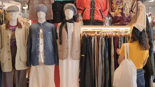 Young teen tourist Gen Z asia female choose look at zero waste eco go green buy second hand sale store flea market thrift old used vintage fabric style. Happy woman city asian people small retail shop