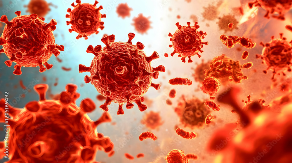 Poster microscopic view of virus particles floating in a fluid medium demonstrates infection spread.