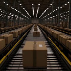 Obraz premium Cardboard Boxes Move on Automated Conveyor Belts in Distribution Center Warehouse