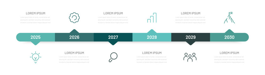 Business infographics for a presentation consisting of 6 steps, stages of achieving a goal. Project planning by year or month, editable icons