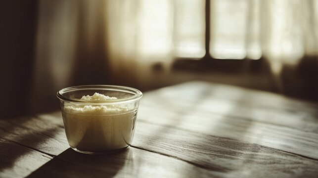 Glass jar filled with collagen placed on a minimalist table, a natural elixir for enhancing skin elasticity, fortifying bones, lubricating joints, and supporting intestinal health.