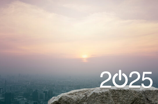 2025 start up business flat icon on rock mountain over aerial view of cityscape at sunset, vintage style, Happy new year 2025 success concept