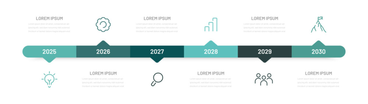 Business infographics for a presentation consisting of 6 steps, stages of achieving a goal. Project planning by year or month, editable icons