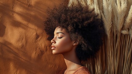 portrait of african american woman on brown wall background with dry flowers. ai generated