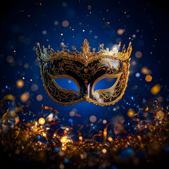 Elegant Venetian Mask Floats Mysteriously above Glimmering Confetti on Dark Blue Background.