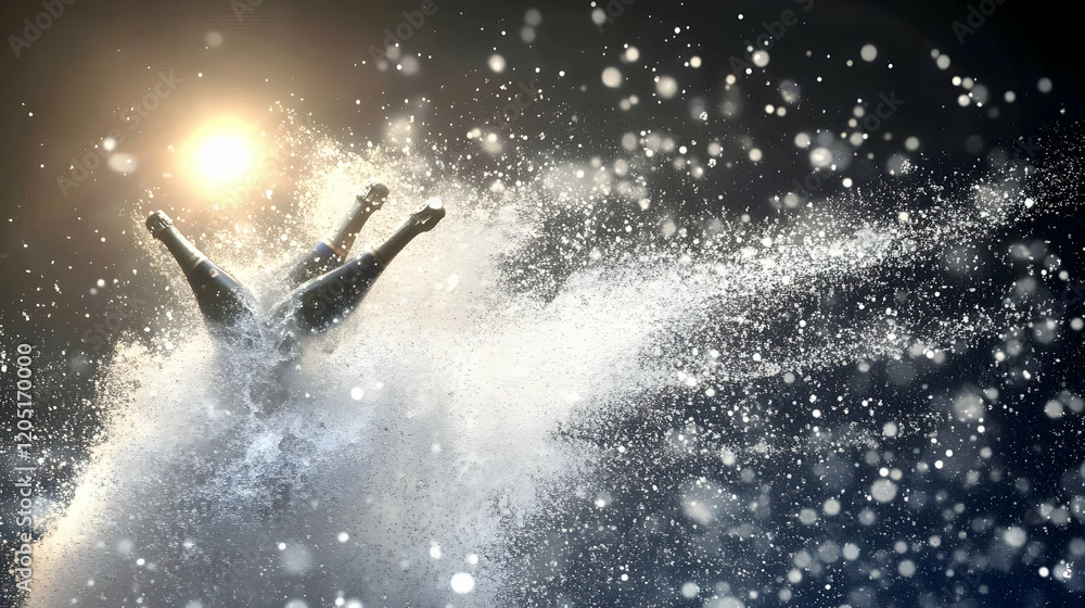 Poster two champagne bottles explode dramatically with a bright backlight and water splashing energetically