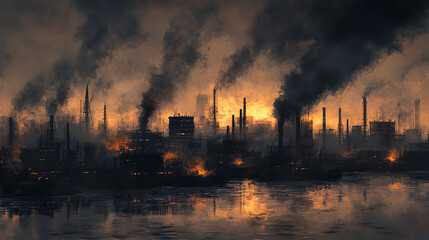 Naklejka premium Industrial pollution crisis urban environment landscape photography smoky sky dusk viewpoint environmental awareness