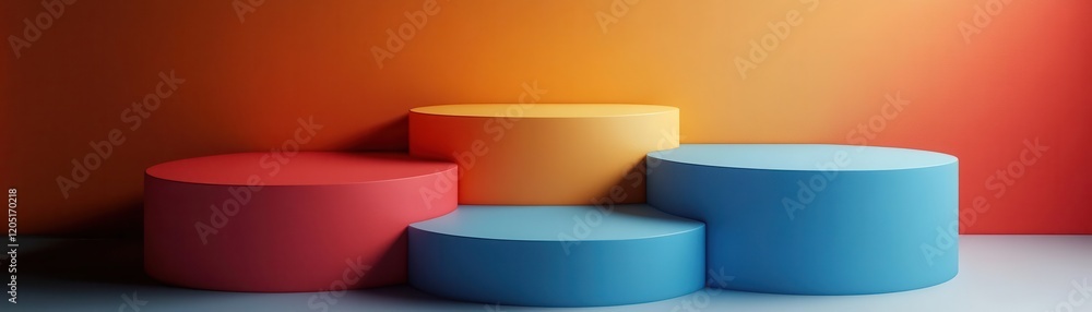 Poster A vibrant arrangement of colorful circular platforms set against a gradient background, creating a modern and artistic display.