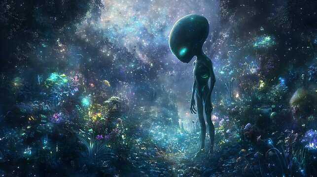 An alien standing in a cosmic garden with glowing plants and an ethereal atmosphere