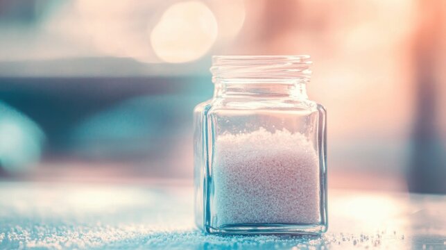 Glass jar filled with collagen placed on a minimalist table, a natural elixir for enhancing skin elasticity, fortifying bones, lubricating joints, and supporting intestinal health.