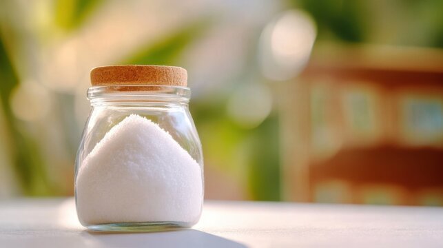 Glass jar filled with collagen placed on a minimalist table, a natural elixir for enhancing skin elasticity, fortifying bones, lubricating joints, and supporting intestinal health.