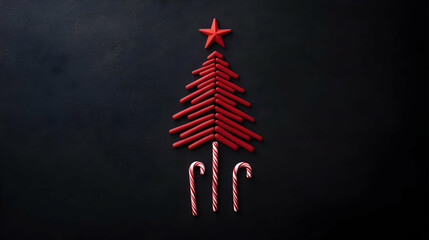 Red Candy Christmas Tree Decorated with Star and Candy Canes on a Black Background