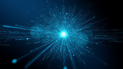 Naklejka premium Abstract blue light particles radiating from central point, creating dynamic visual effect. This represents technology, innovation, and digital networks