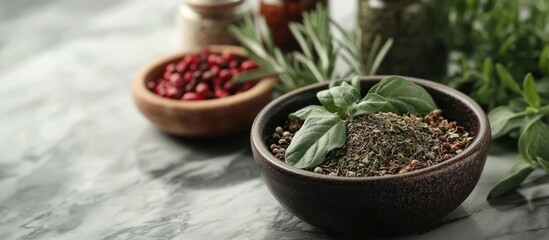 Fototapeta premium Herb blend bowl, kitchen table, spices, cooking