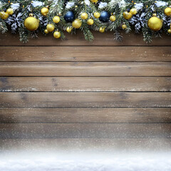Naklejka premium Christmas Ornaments and Pine Branches Decorated on a Rustic Wooden Background with Snow