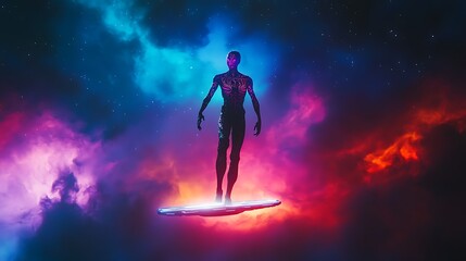 An alien with intricate tattoos glowing in the dark standing on a floating platform in the middle of a colorful nebula