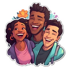 Friends enjoying each other's company while smiling against a colorful floral backdrop in a casual setting