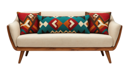 Stylish mid-century modern sofa featuring vibrant geometric pillows, perfect for enhancing living room decor with a timeless design.