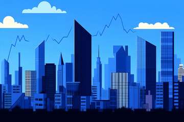 Obraz premium Blue Cityscape Illustration Depicts Urban Landscape with a Rising Graph Line Against Blue Sky