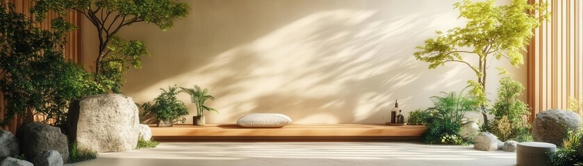 A serene, minimalist interior featuring natural elements, soft lighting, and a calm atmosphere for relaxation and mindfulness.