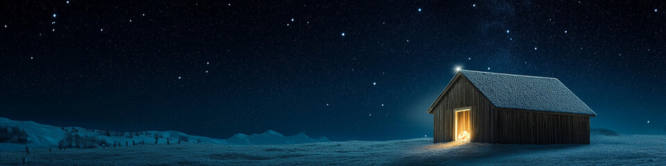 Fototapeta premium Wooden Stable at Starry Night Depicting Jesus Christ Birth Concept with Peaceful Holy Scene