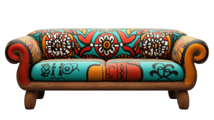 Colorful vintage couch with artistic patterns, ideal for eclectic home d?cor, offering unique style and vibrant living room appeal.
