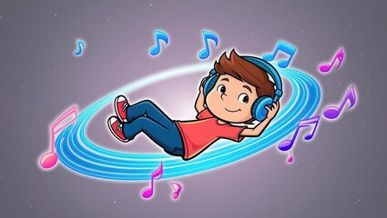 Child enjoying music with headphones abstract background cartoon style fun atmosphere