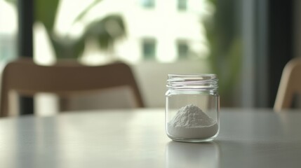 Glass jar filled with collagen placed on a minimalist table, a natural elixir for enhancing skin elasticity, fortifying bones, lubricating joints, and supporting intestinal health.