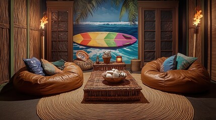 A cozy surf-inspired space with retro decor