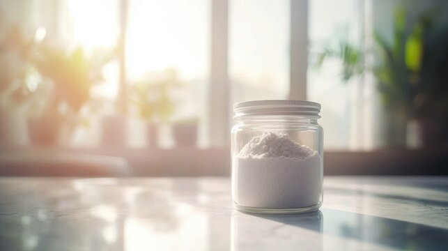 Glass jar filled with collagen placed on a minimalist table, a natural elixir for enhancing skin elasticity, fortifying bones, lubricating joints, and supporting intestinal health.