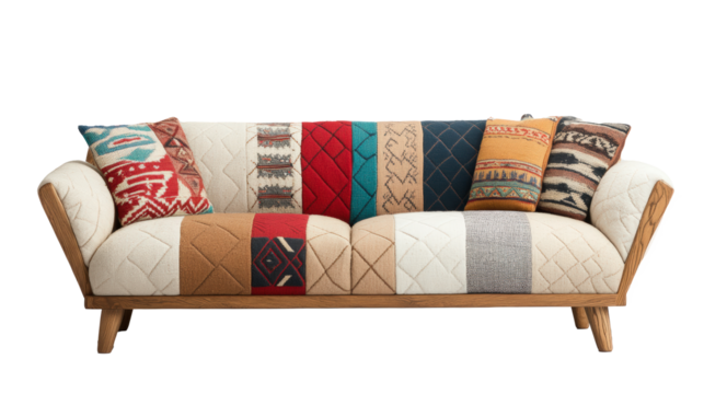 Colorful patchwork sofa with eclectic throw pillows, combining style and comfort, perfect for modern living room decor inspiration.
