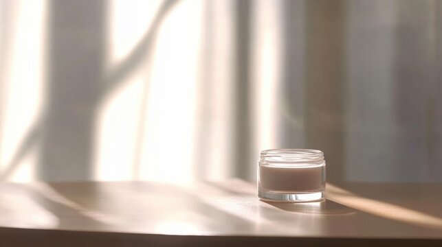 Glass jar filled with collagen placed on a minimalist table, a natural elixir for enhancing skin elasticity, fortifying bones, lubricating joints, and supporting intestinal health.