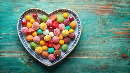 A cluster of colorful sweet treats arranged in a heart shape on a decorative plate , Colorful Sweets, Heart Shape Candy