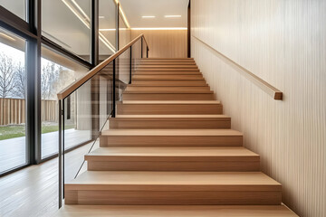 Modern Wooden Staircase Ascends Elegantly in a Contemporary Home with Glass Railing and Wood Paneling