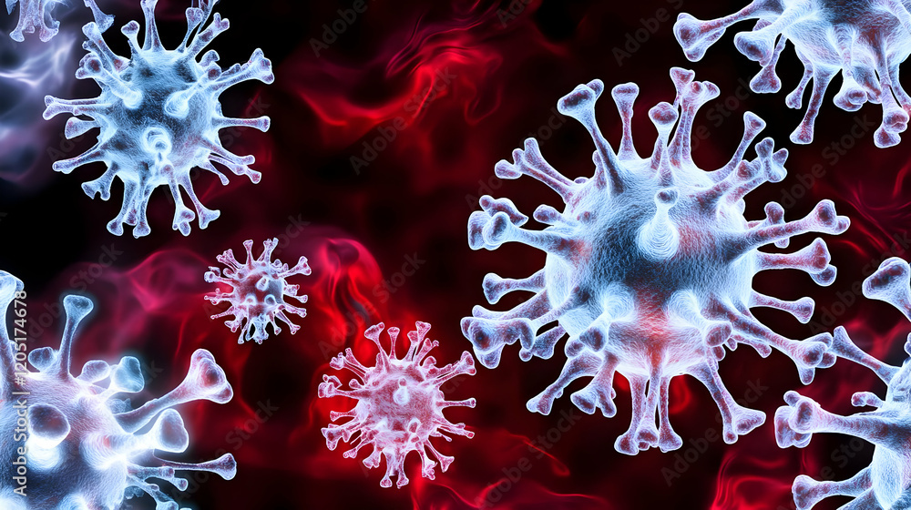 Aufkleber microscopic viruses floating in a red fluid, a 3d render illustration depicting microscopic organism