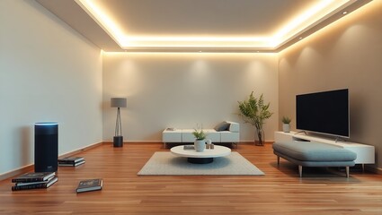 A sleek contemporary living room with polished wood accents

