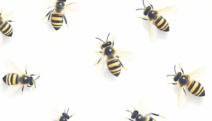 Generative AI illustration of small striped bees with transparent wings, isolated on a white background, representing nature's precision AI Generated