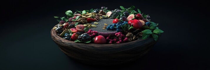 A beautifully arranged bowl of assorted fruits and nuts, highlighting natural colors and textures.