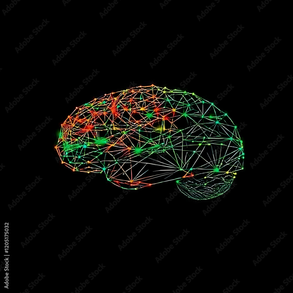 Poster abstract brain illustration shows neural network connections with colorful nodes and lines on black 