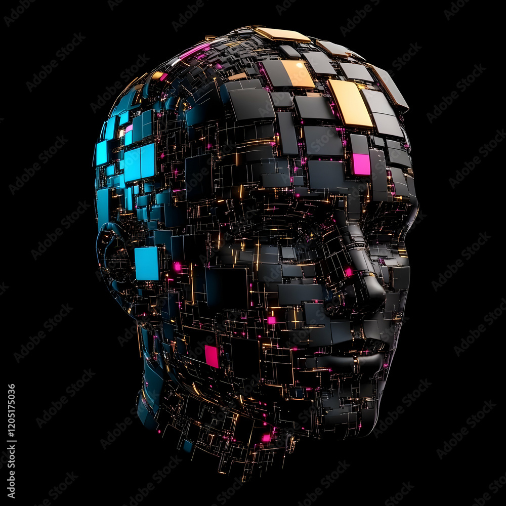 Poster 3d rendered robotic head composed of metallic cubes and glowing lines on a dark background.