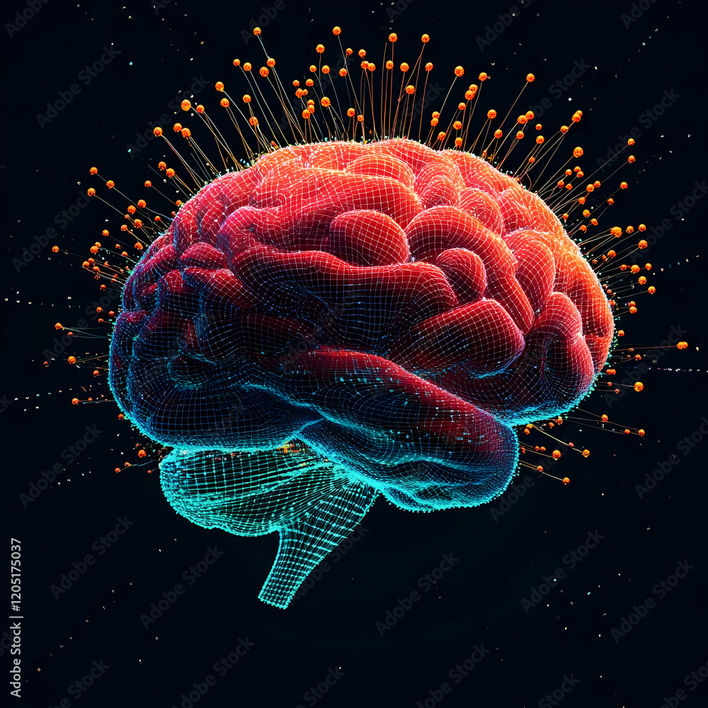 Poster 3d wireframe brain model shows neural connections and activity with orange spikes on a black backgro