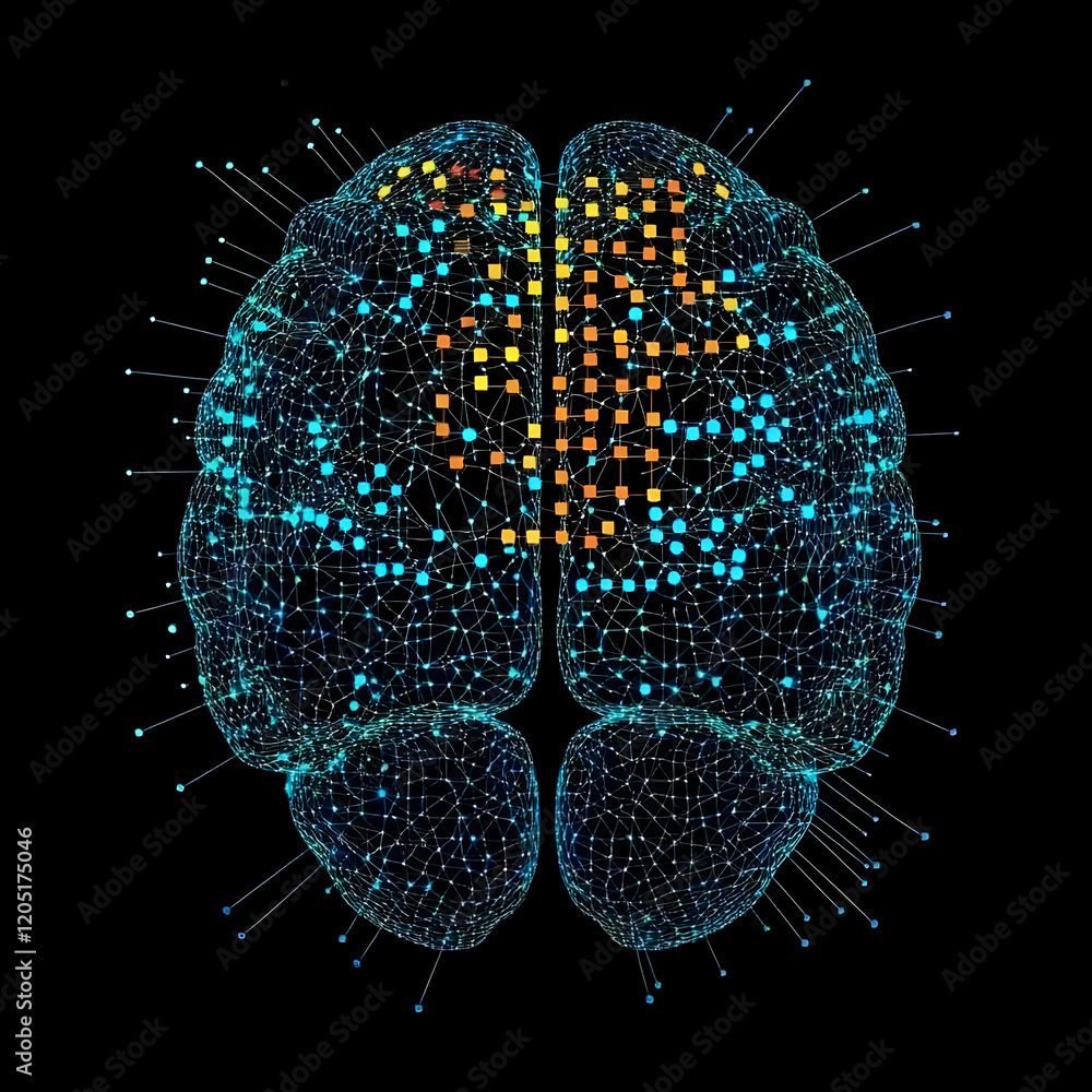 Poster 3d wireframe brain illustration shows neural network with active synapses in bright colors
