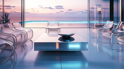 A futuristic beachfront loft with sleek metal furniture and reflective surfaces. Transparent acrylic chairs surround a minimalistic coffee table