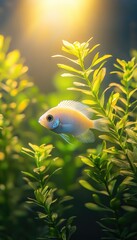 A serene aquarium scene featuring a colorful fish amidst lush aquatic plants.