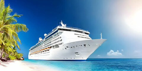 Luxury Cruise Ship Anchored Near Tropical Island with Palm Trees and Sandy Beach on Sunny Day